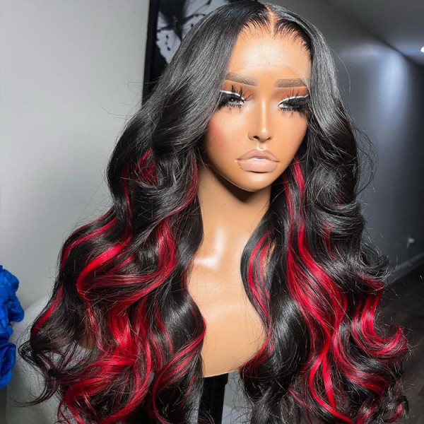 Red Highlights On Black Hair Body Wave Lace Front Wigs Wiggins Hair Wiggins Hair