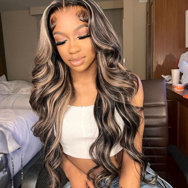 Wiggins Honey Blonde Highlights On Black Hair Body Wave Lace Front Wig