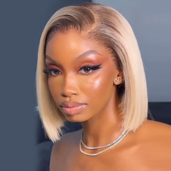 T4 613 Ombre Blonde Bob Wigs Straight 13x4 Blunt Cut Wigs Wiggins Hair