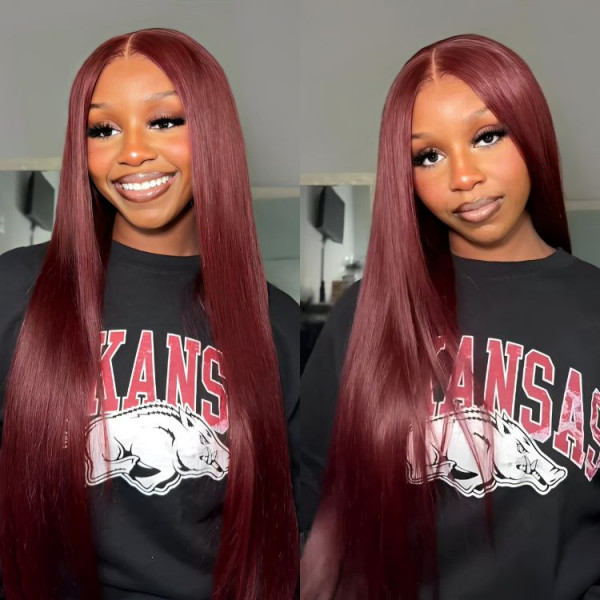 Cherry Cola Red Glueless Human Hair Wigs Straight Cherry Red Colored Hair Ready Go Wigs