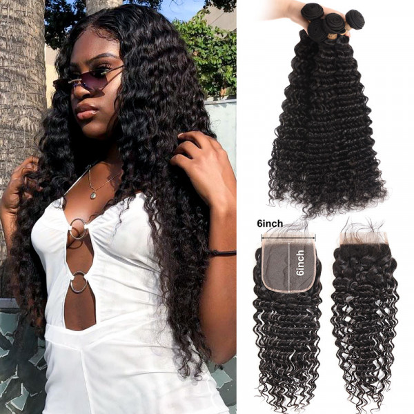 Deep Wave Bundles With Closure 4pcs With 6 6 Lace Closure Free Middle Three Part Wiggins Hair
