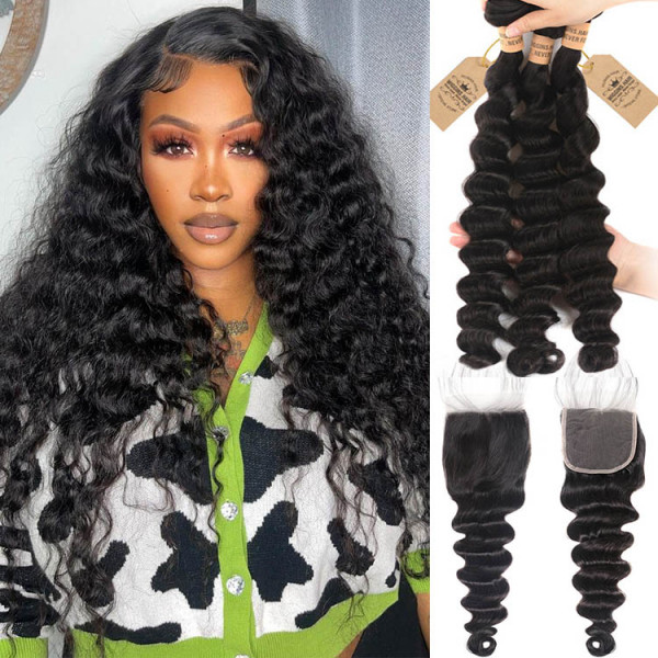 Loose Deep 3 Bundles With Lace Closure 4x4 Human Hair Extensions Wiggins Hair
