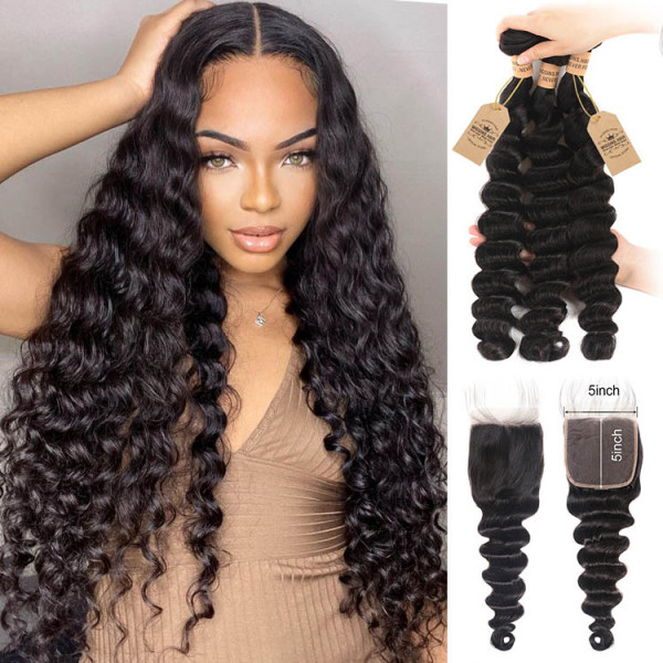 100 Human Virgin Hair Loose Deep Wave 3 Bundles With 5x5 Lace Closure