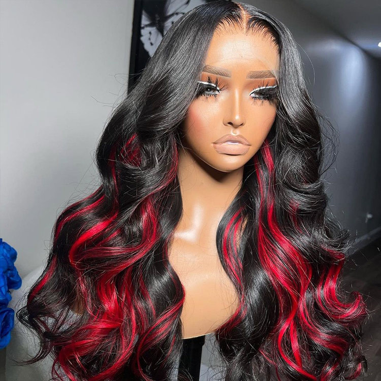 WIGGINS Red Highlights On Black Hair Body Wave 13x4 Lace Front Wigs