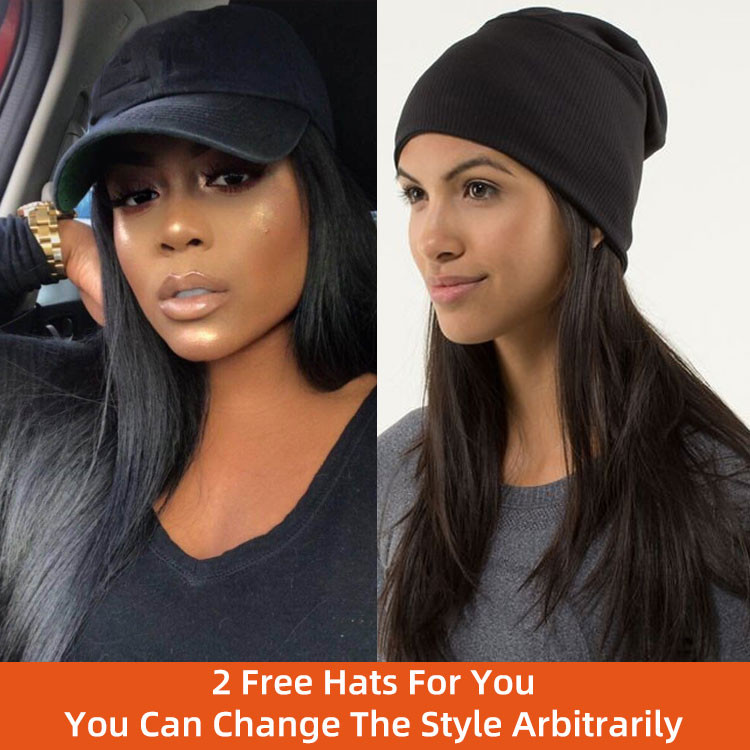 Wig With Hat Straight Beanie With Human Hair Attached Wiggins Hair