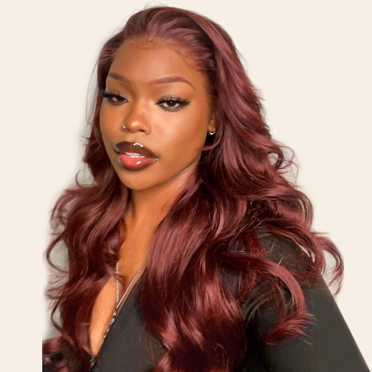 WIGGINS Reddish Brown Wigs Human Hair Body Wave Dark Red Brown Lace Front Wigs