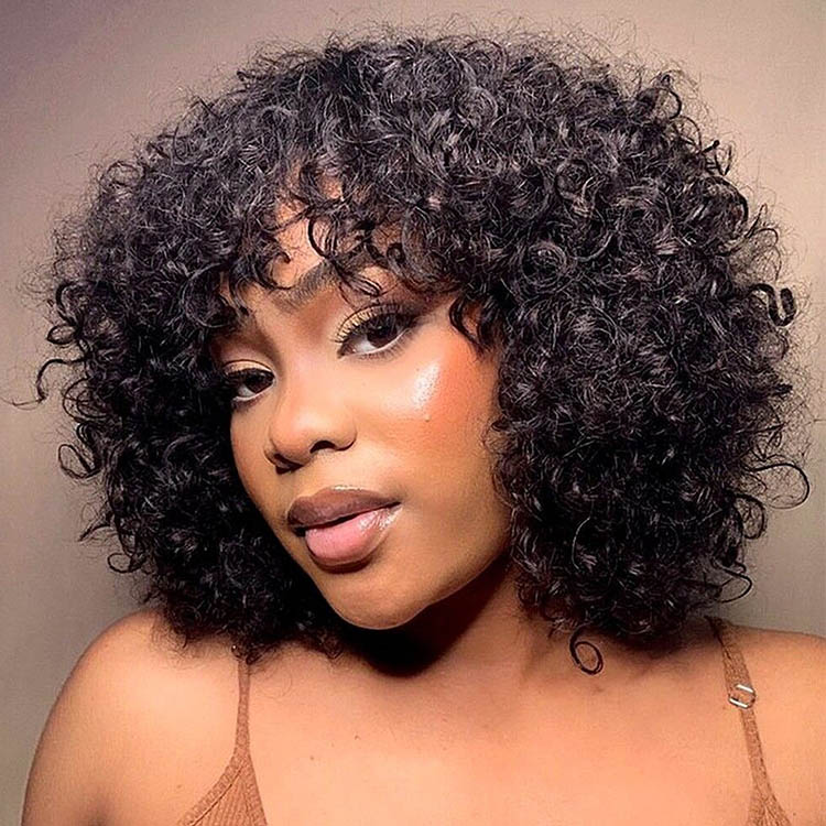 Short Curly Bob Wigs With Bangs Human Hair Wig With Fringe Wiggins Hair